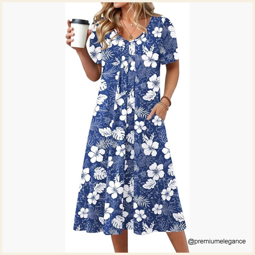 Floral Midi Sundress with Pockets V-Neck Short Sleeve A-Line Casual Dress
